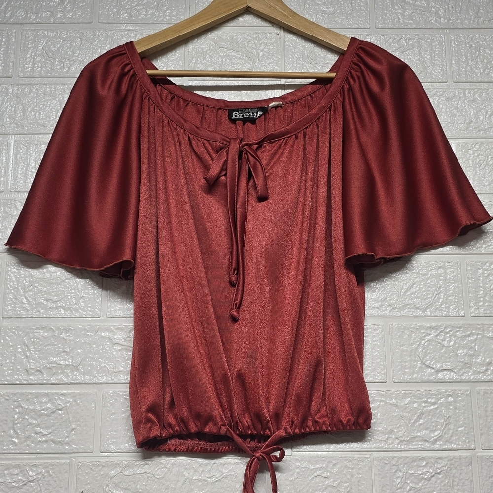 1970's Red Peasant Blouse with Tie Detail And Flutter Short Sleeves